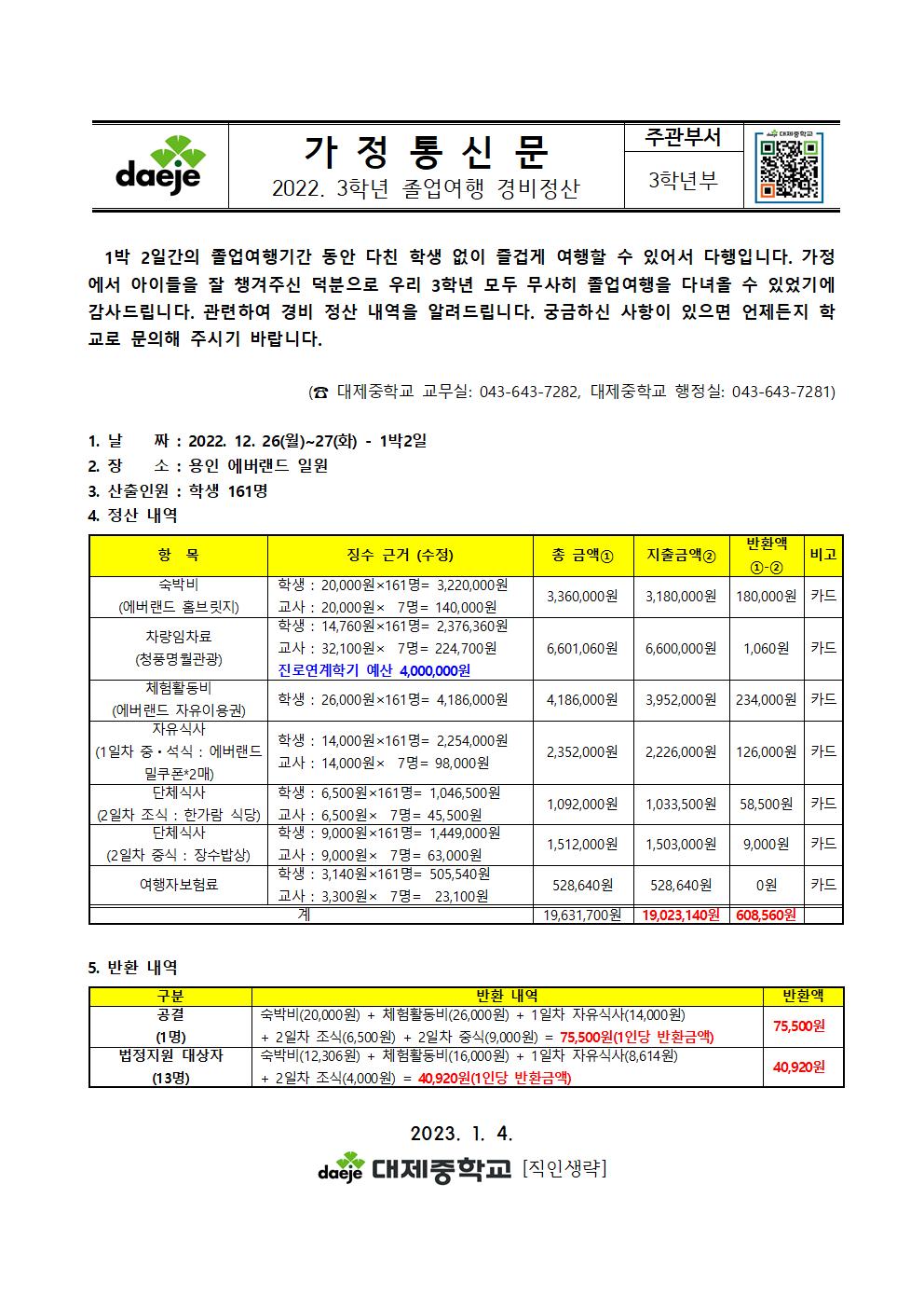 [가정통신문] 2022. 3학년 졸업여행 경비 정산 안내001