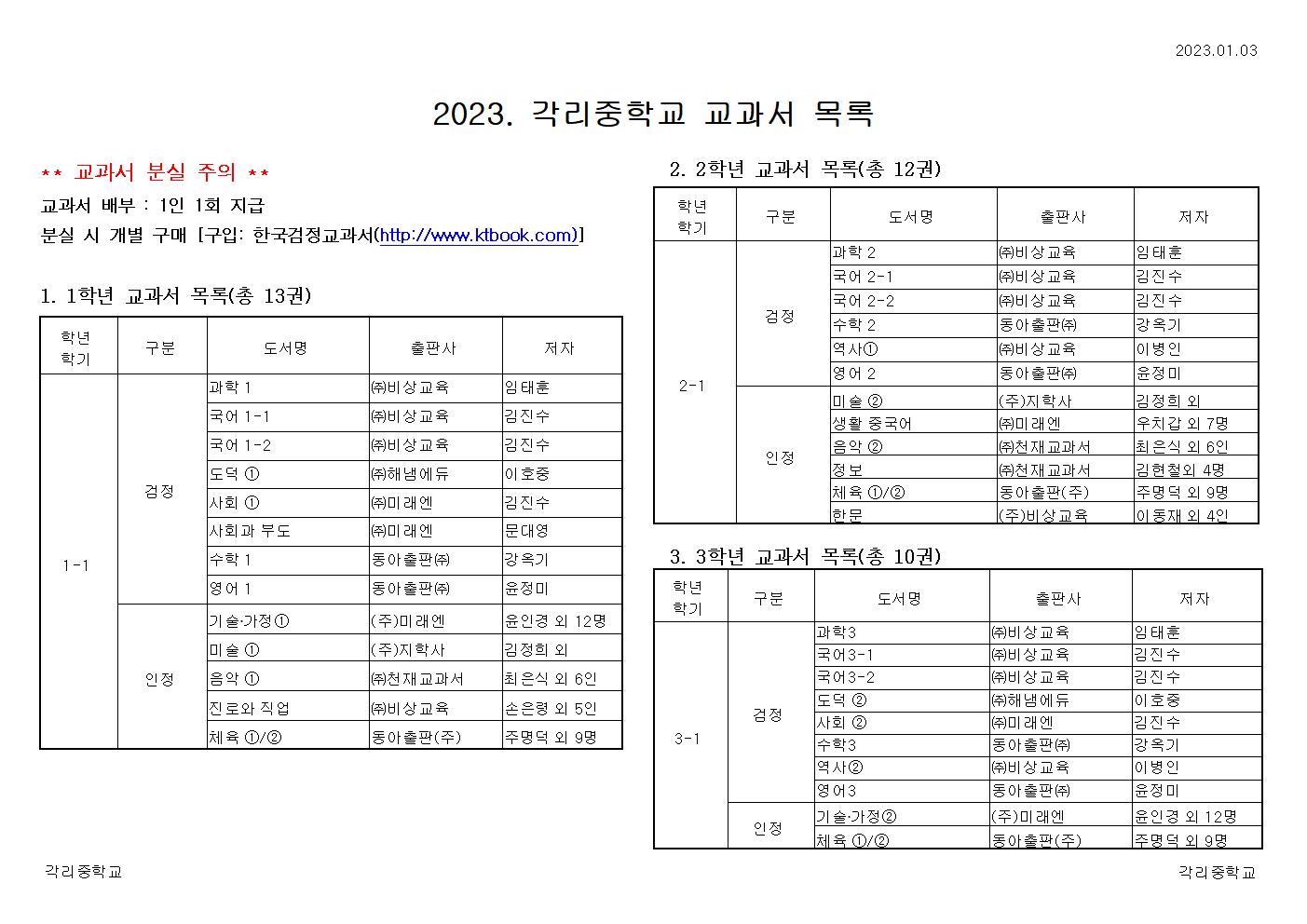 2023. 각리중 교과서 목록001