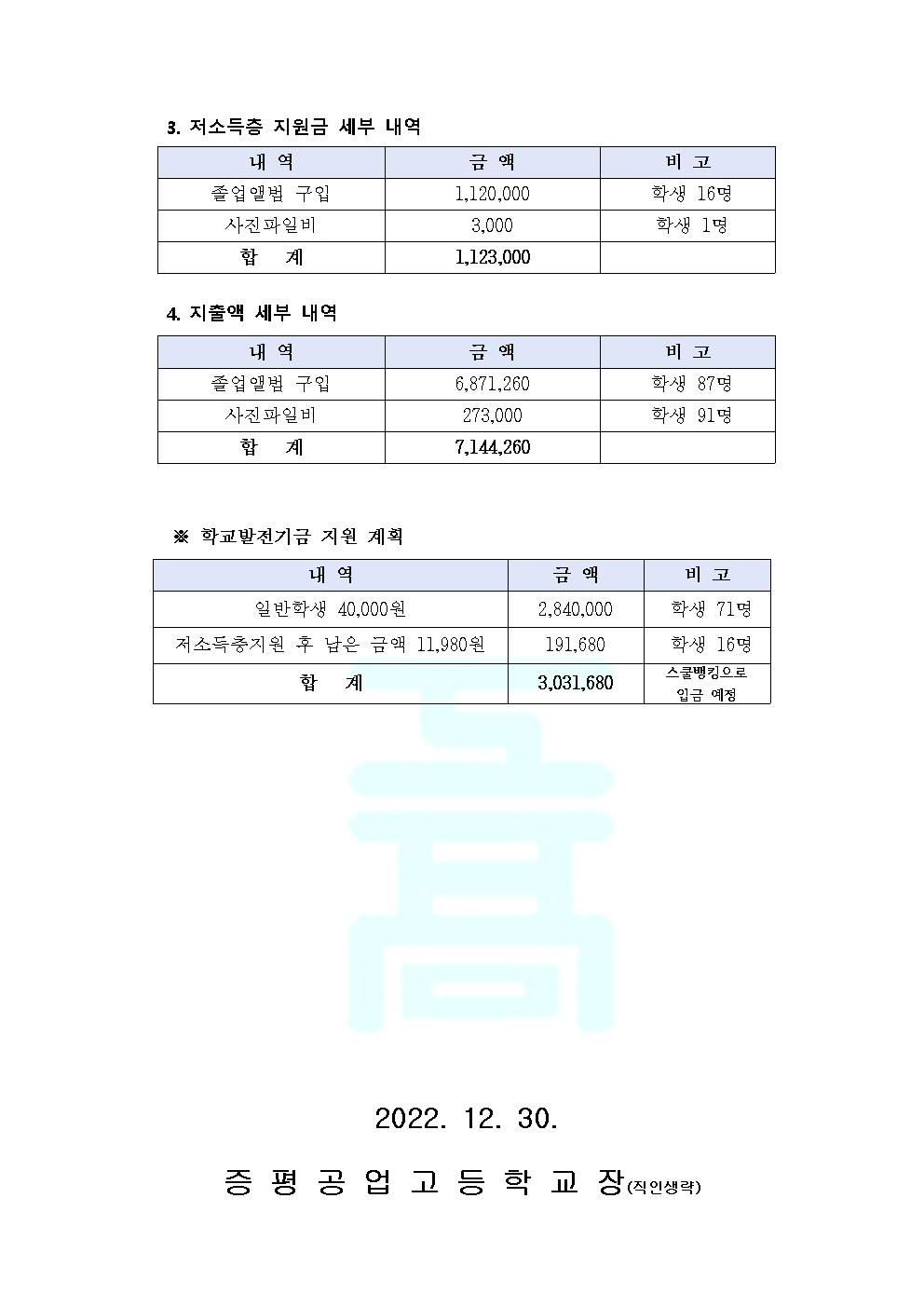 2022학년도 3학년 졸업앨범 구입비 정산 안내 가정통신문002