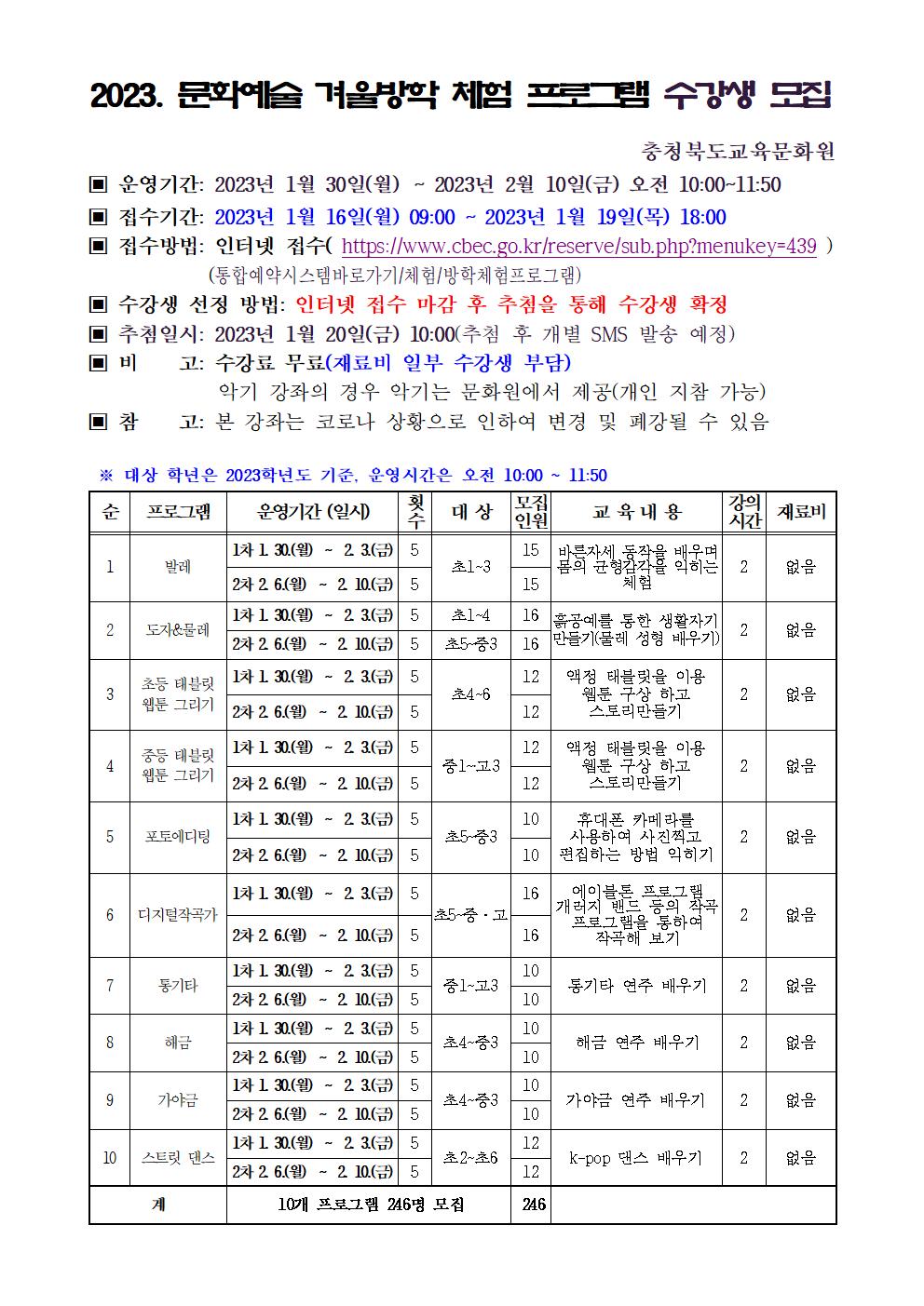 2023년 문화예술 겨울방학 체험 프로그램 모집 안내문001