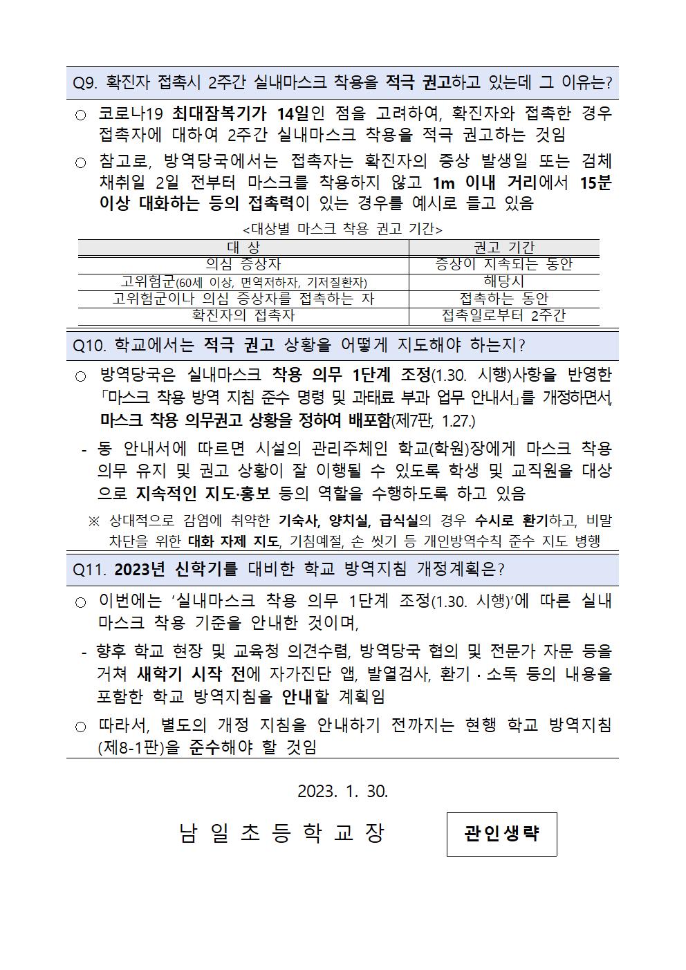 실내 마스크 착용 의무 조정에 따른 학교 적용사항 안내문004