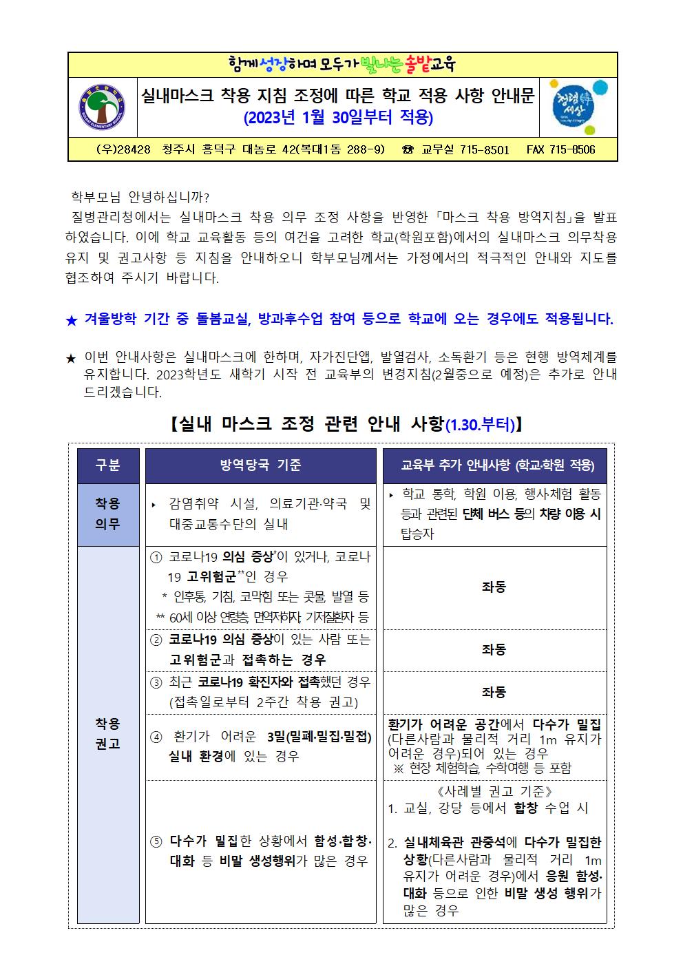 실내마스크 착용 지침 조정에 따른 학교 적용 사항 안내문001