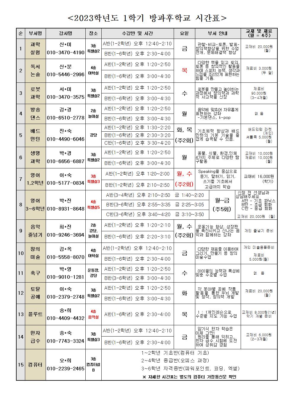 2023학년도 1학기 방과후학교 시간표