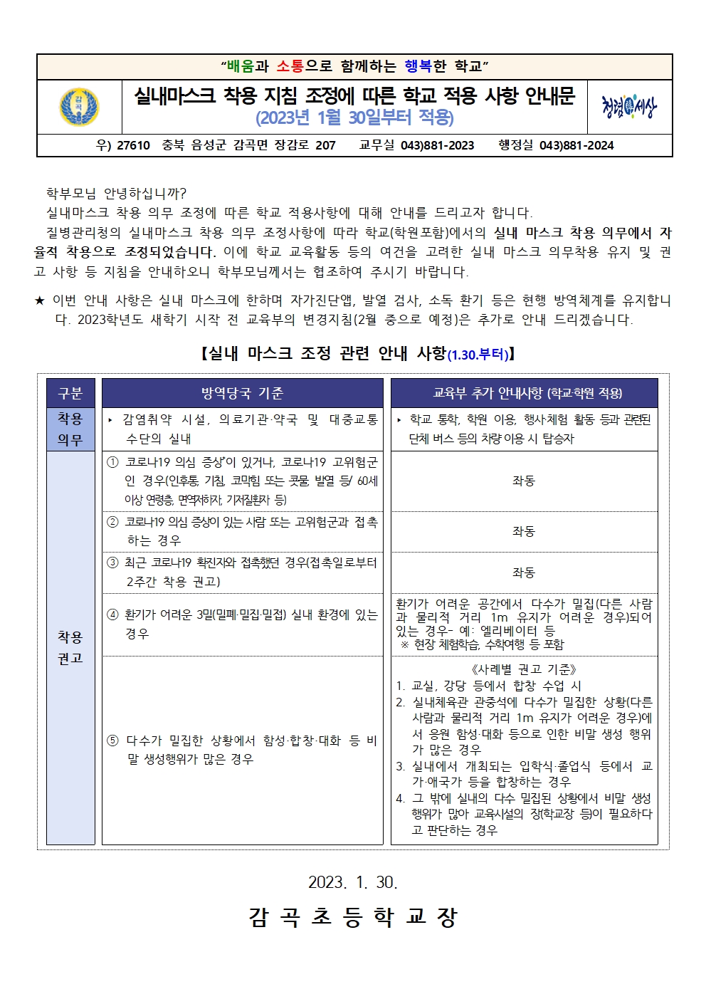 실내마스크 착용 지침  조정 안내문001