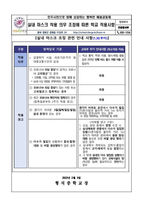 실내마스크 착용 의무 조정에 따른 학교 적용사항_1