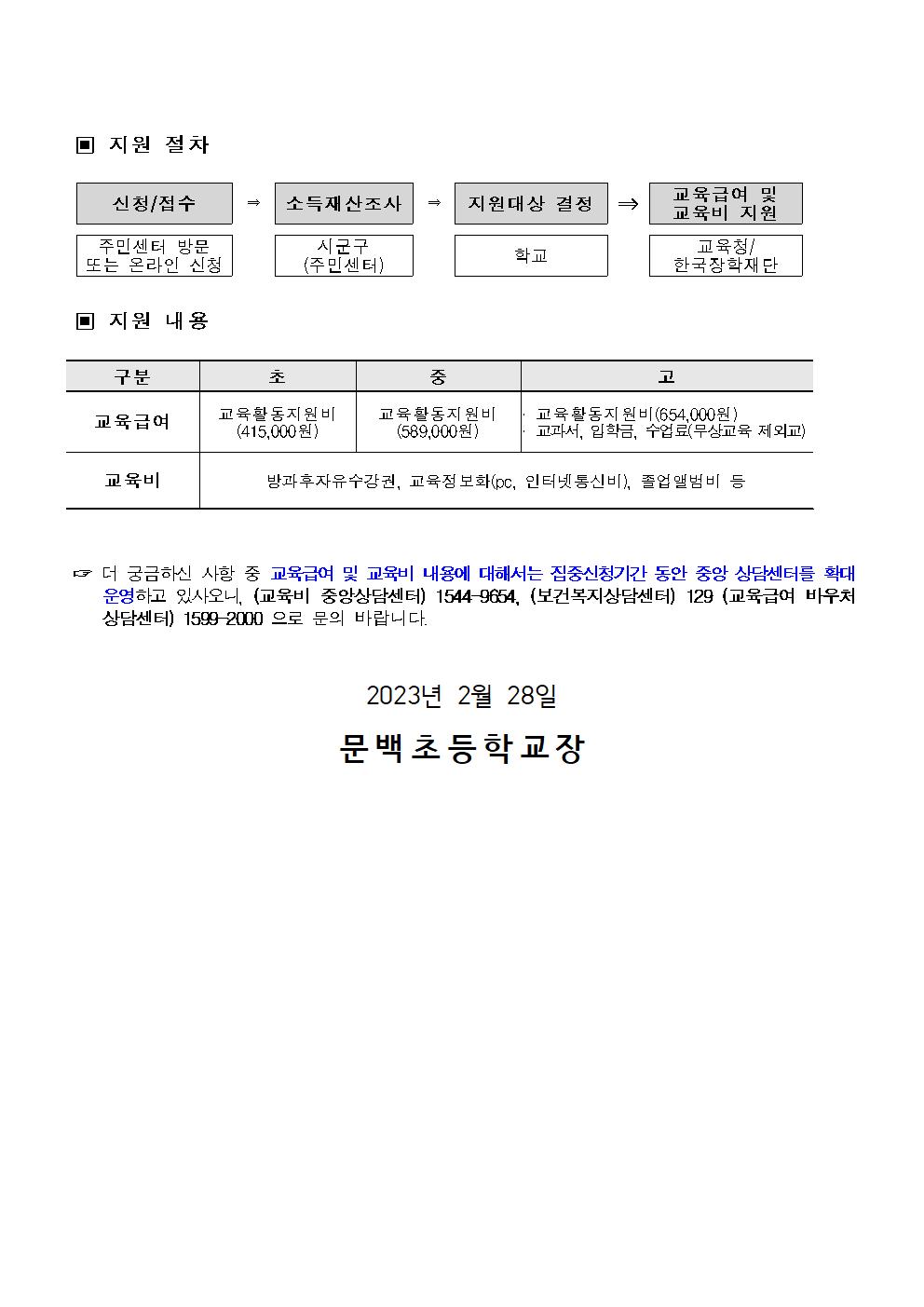 2023. 교육급여 및 교육비 집중신청 기간 안내 가정통신문002