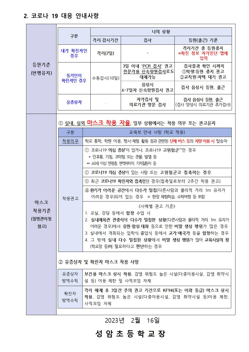 코로나19 감염예방 새학기 지침 변경 안내(성암초)002