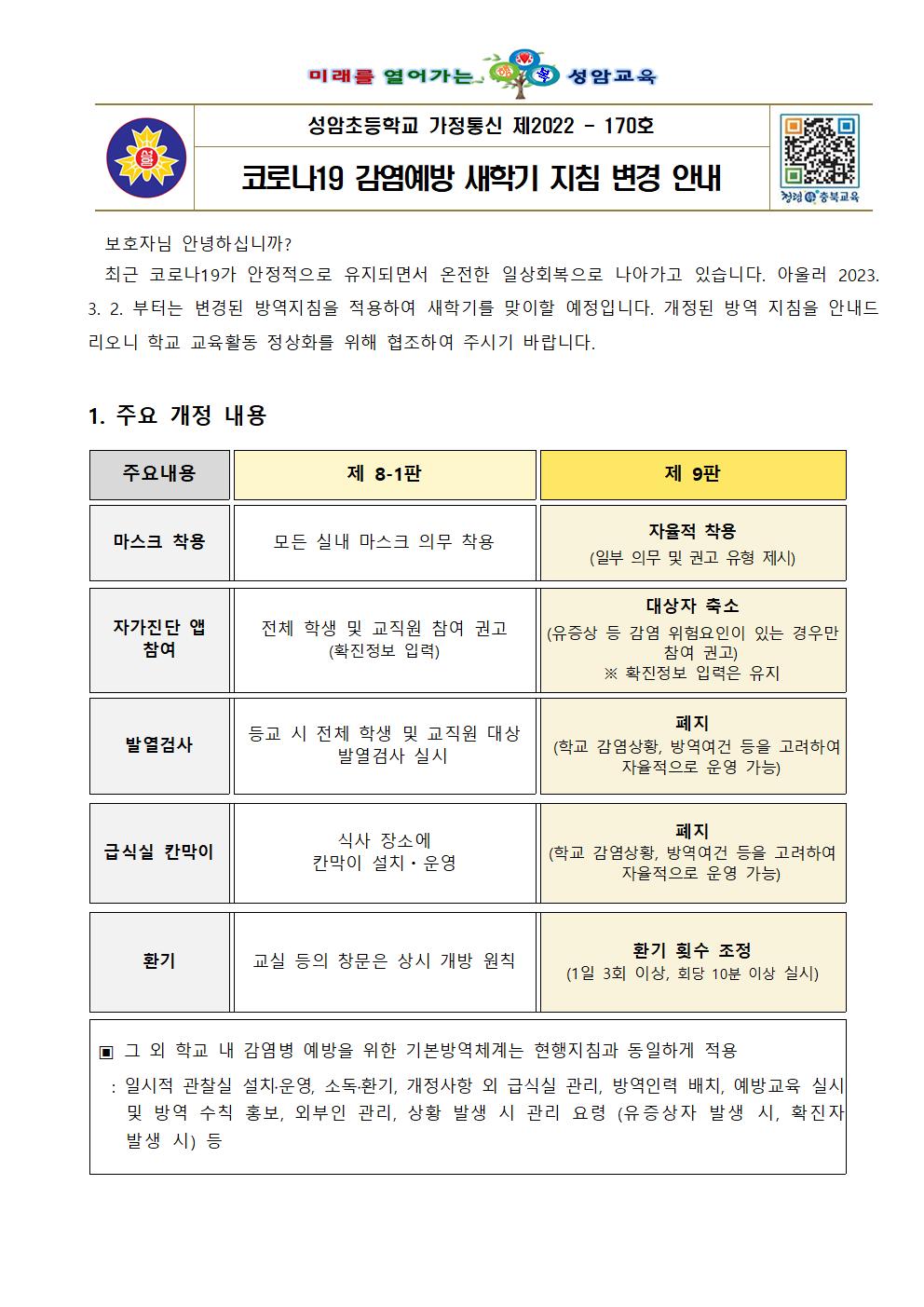 코로나19 감염예방 새학기 지침 변경 안내(성암초)001