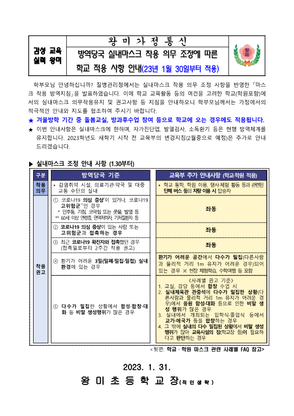 가정통신문(실내마스크 착용 지침 조정에 따른 학교 적용 사항 안내)_1