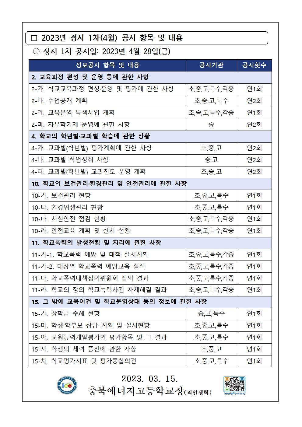 2023년 정시 1차(4월) 초중등학교 정보공시 안내 가정통신문002