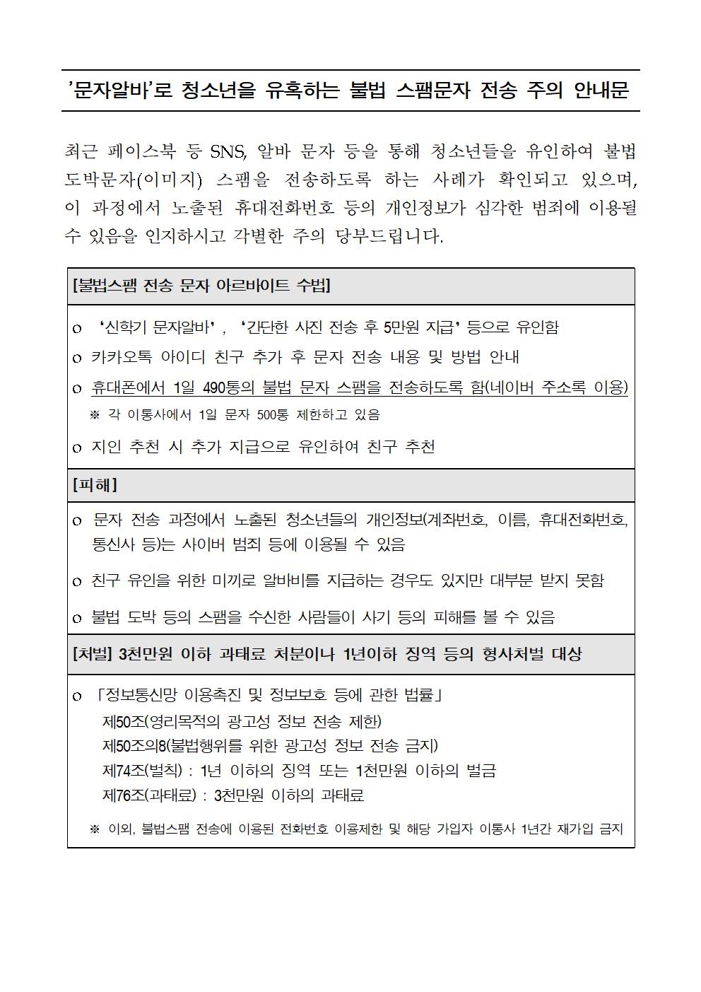 '문자알바'로 청소년을 유혹하는 불법 스팸문자 전송 주의 안내001