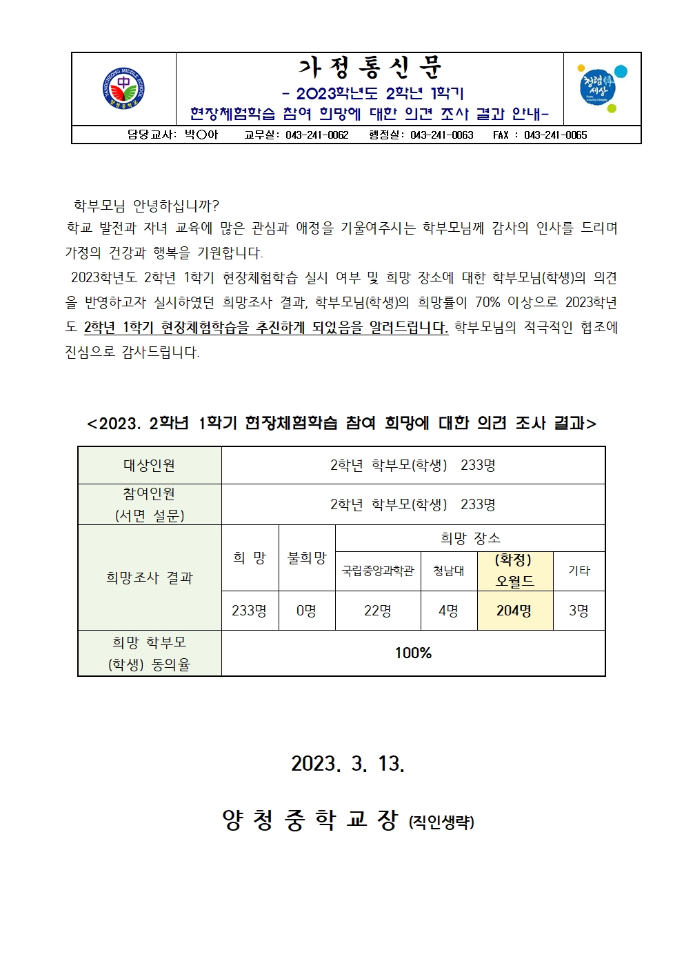 가정통신문(2023. 2학년 1학기 현장체험학습 참여 희망조사 결과 안내)001