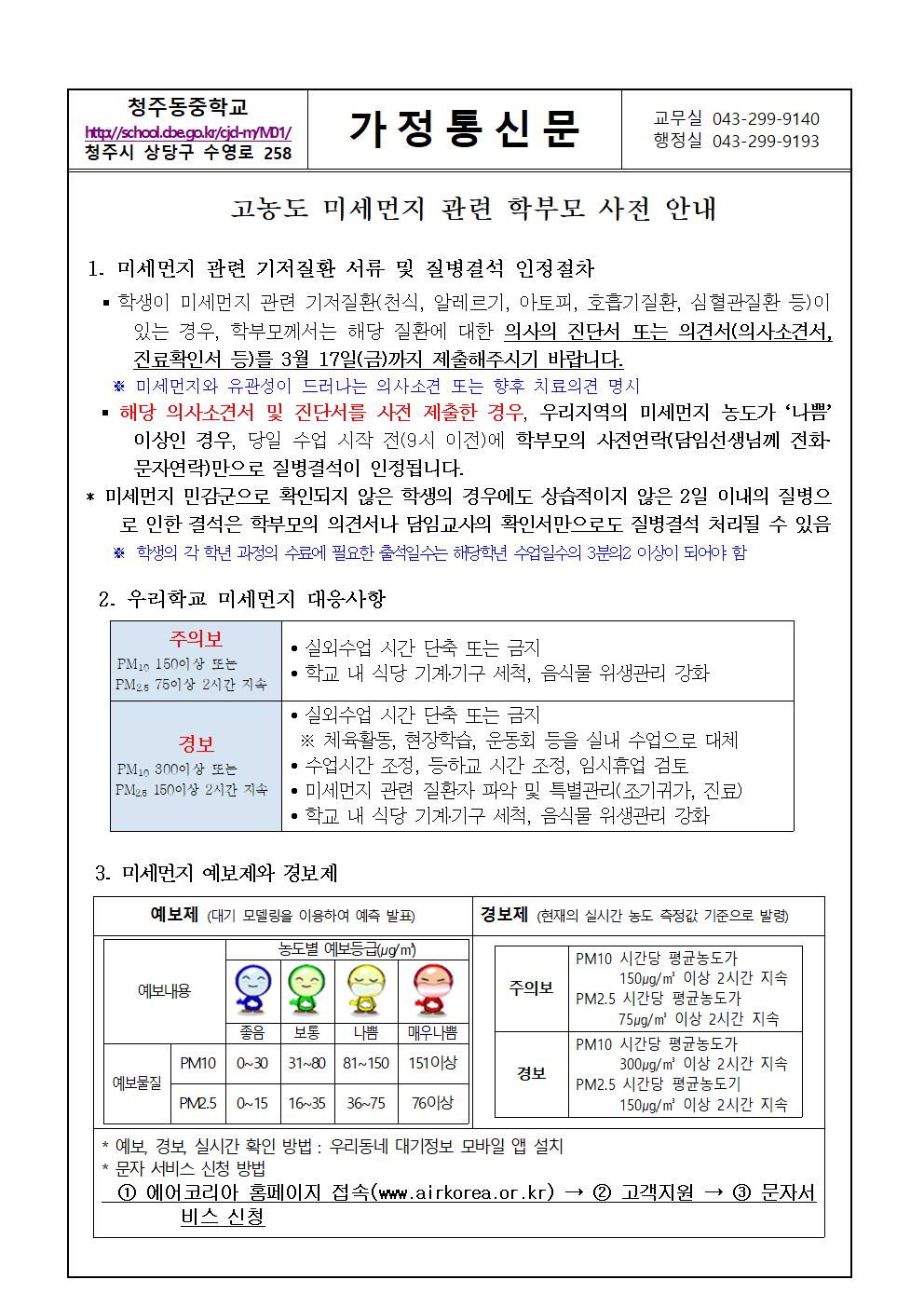 고농도 미세먼지 대응 요령 가정통신문001