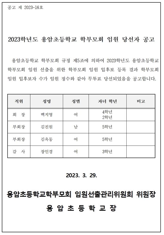 2023학년도 용암초등학교 학부모회 임원 당선자 공고