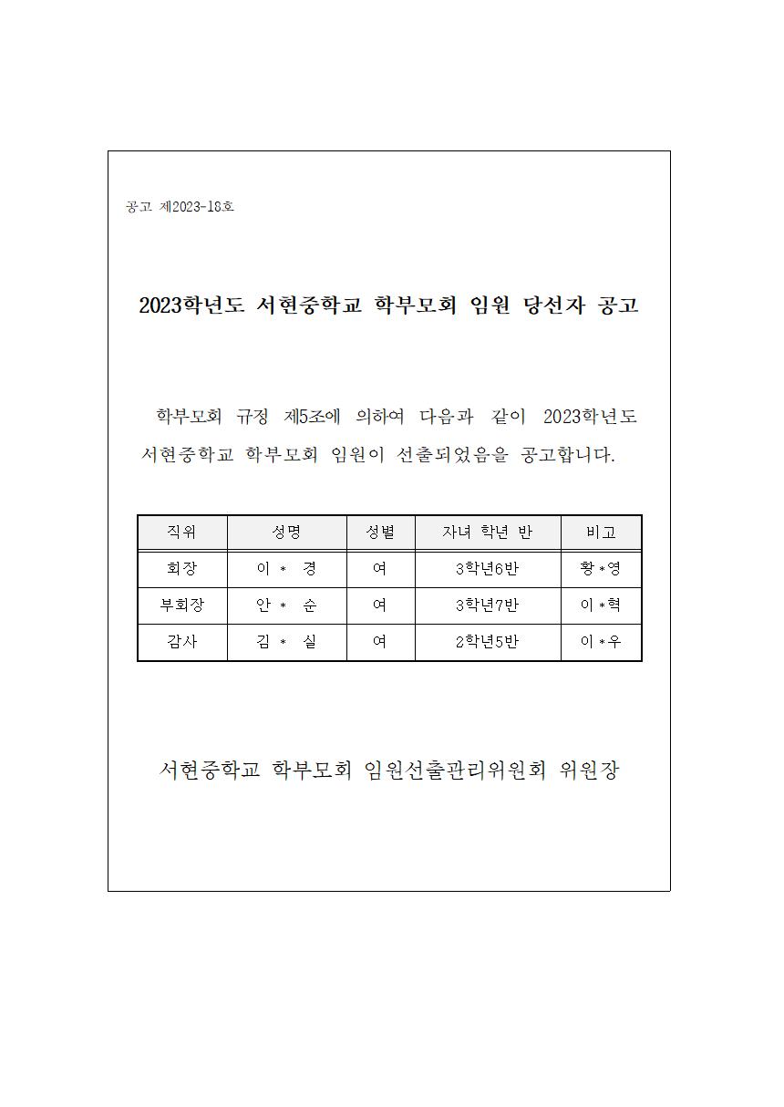 2023학년도 서현중학교 학부모회 임원 당선자 공고