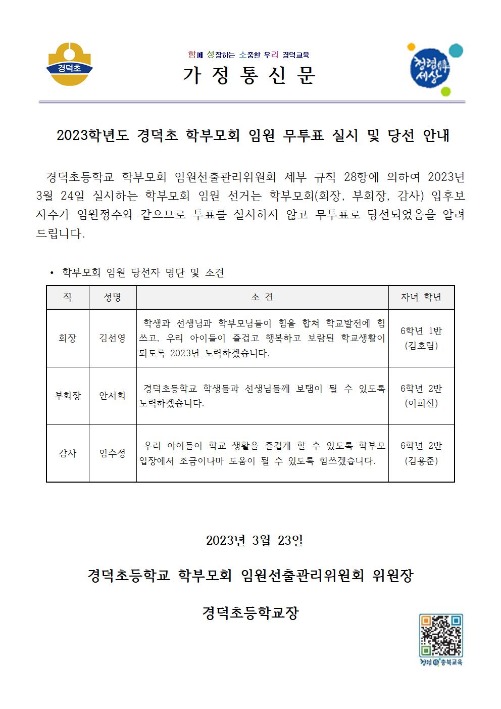 2023학년도 학부모회 임원 무투표 실시 및 당선 안내001