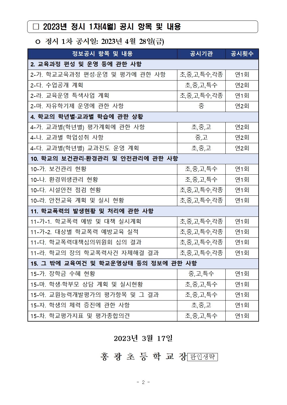 2023년 정시 1차(4월) 초.중등학교 정보공시 안내 가정통신문002