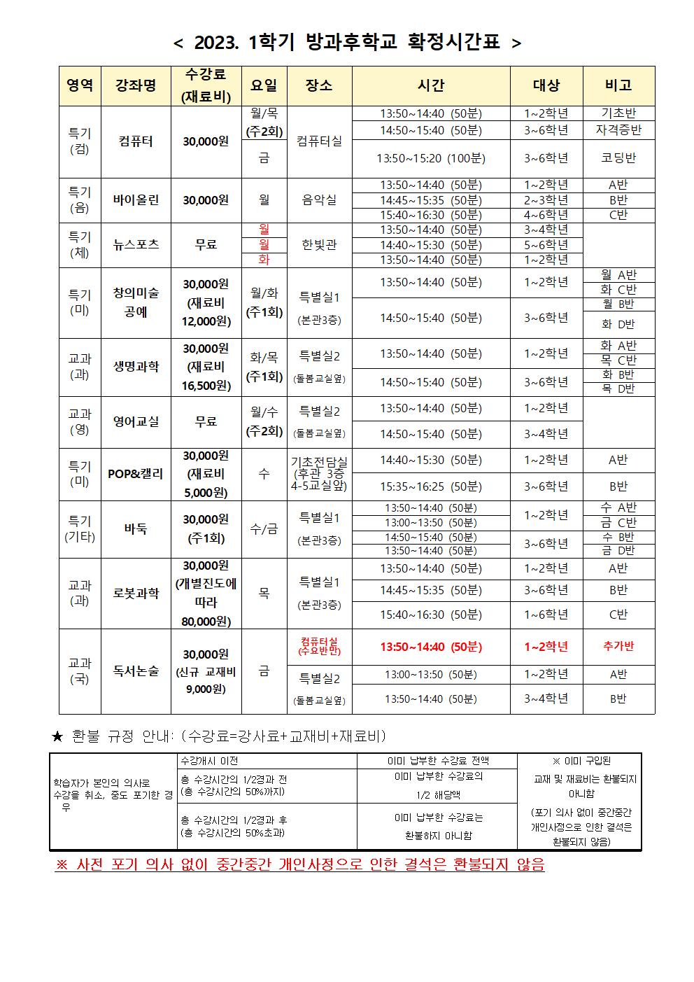 2023. 1학기 방과후학교 확정시간표(게시용)001