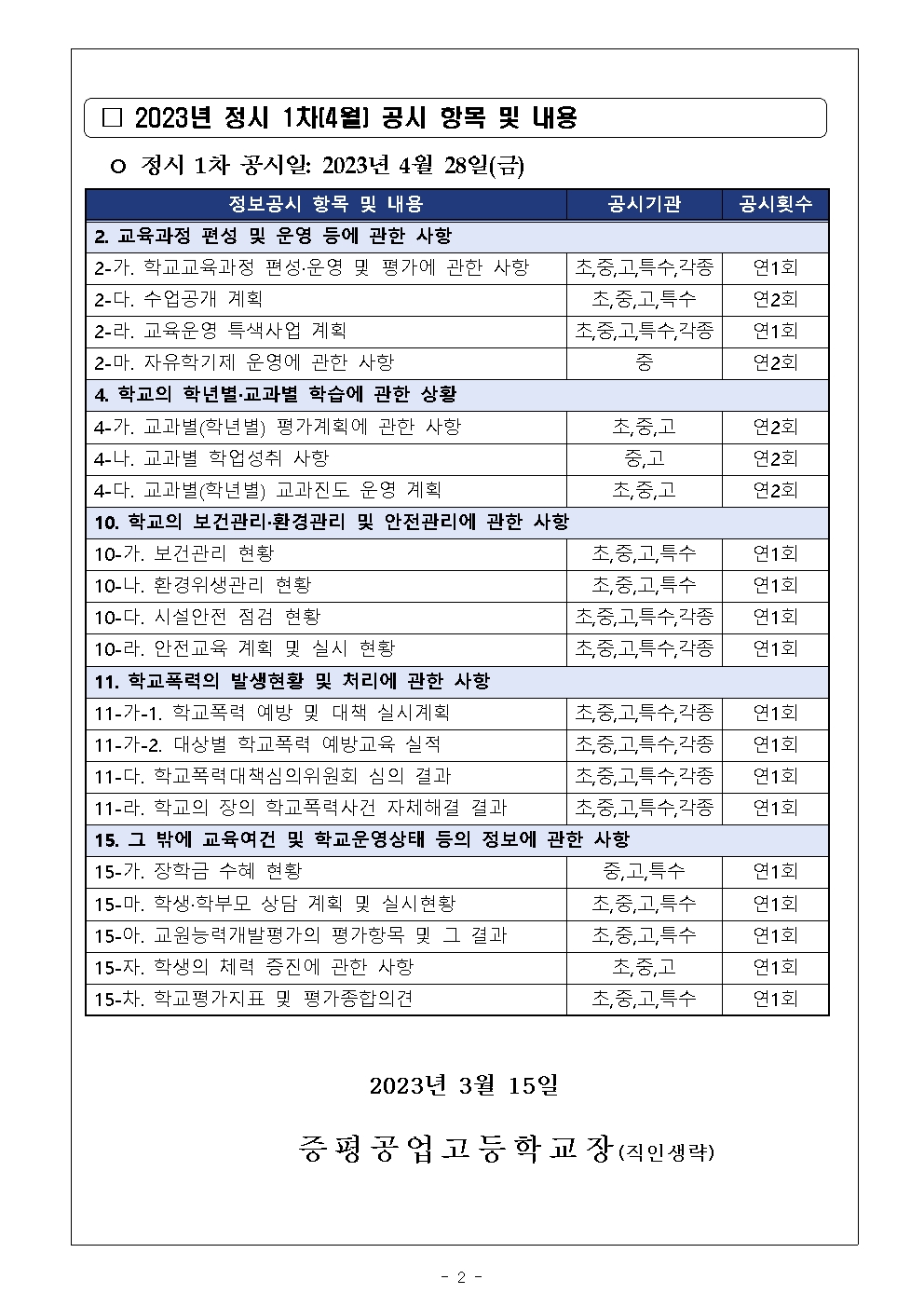 2023. 정시 1차(4월) 정보공시 안내 가정통신문002