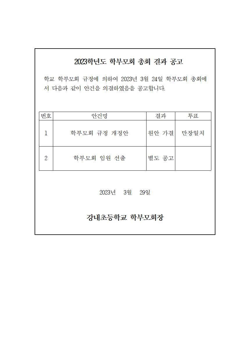 2023. 강내초 학부모회 총회 결과 공고001