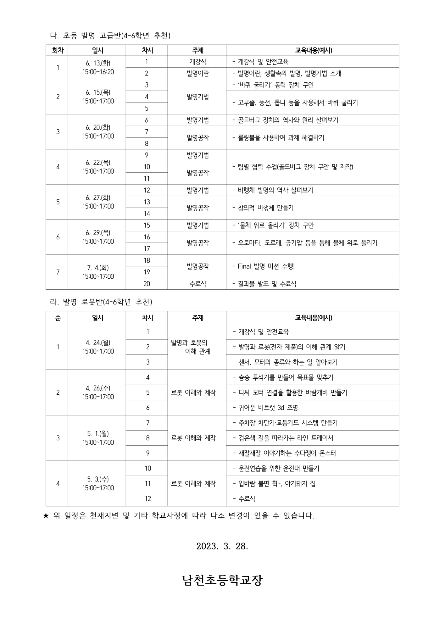 충청북도제천교육지원청 교육과_2023. 초등 발명반(초·중·고급, 로봇) 신청 안내 가정통신문_2