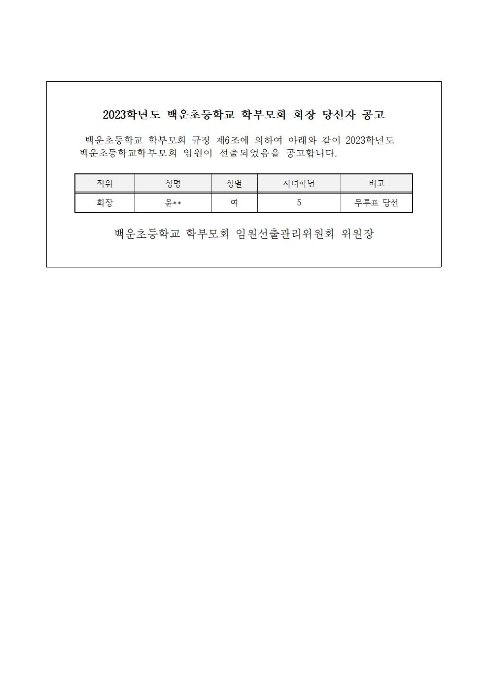 2023학년도 백운초등학교학부모회장 당선자공고001