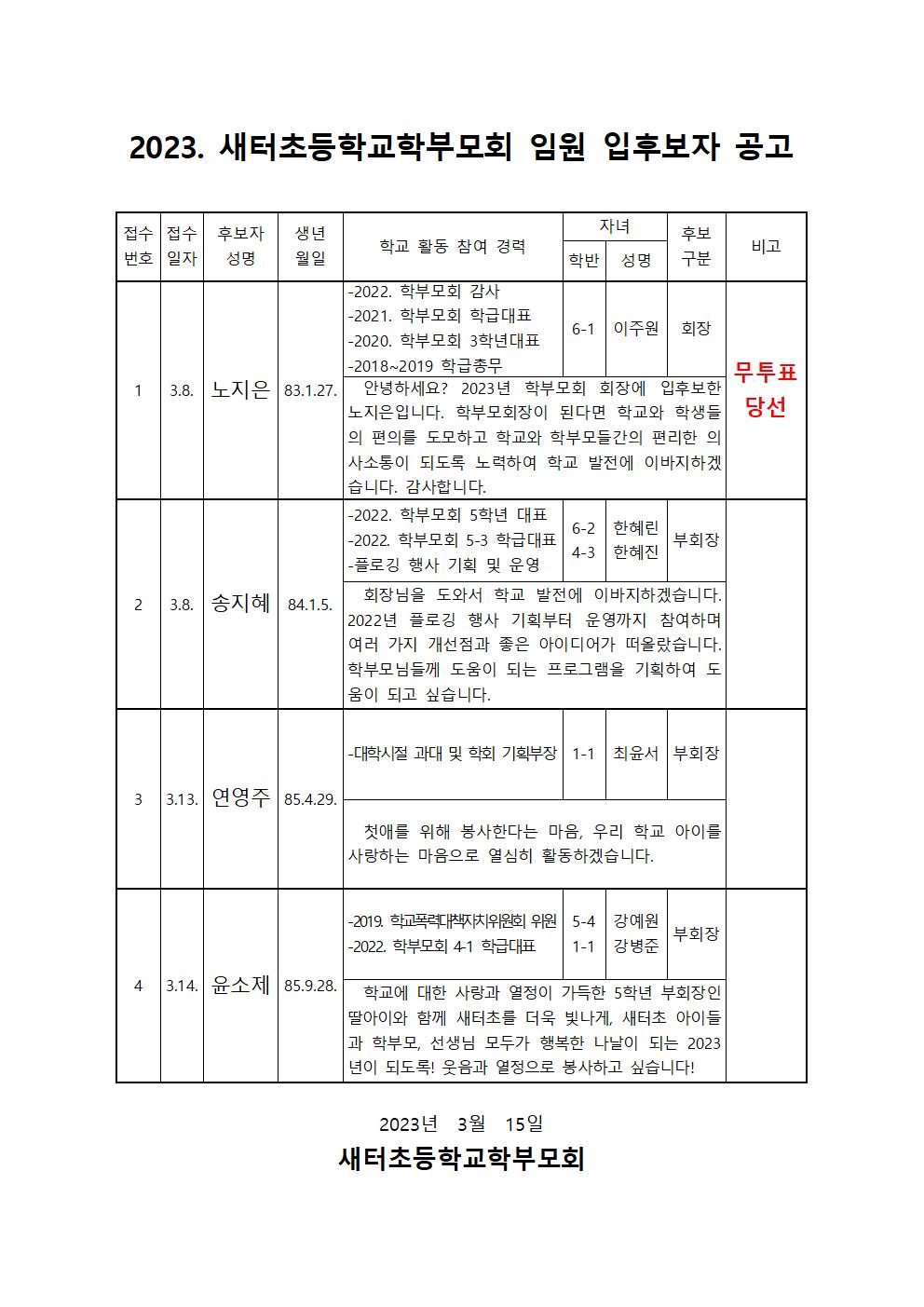 2023. 새터초등학교학부모회 회장 당선자 공고 및 부회장 선출 안내002