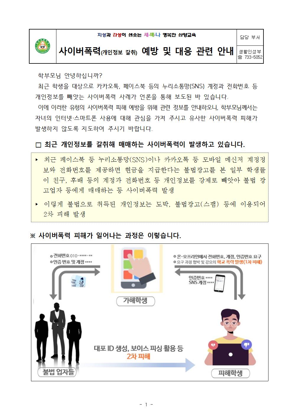 2023. 신학기 학교폭력예방 가정통신문(사이버폭력)001