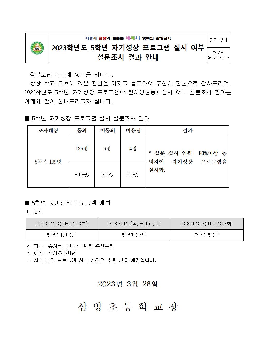 2023. 5학년 자기성장 프로그램 실시 설문조사 결과 안내001