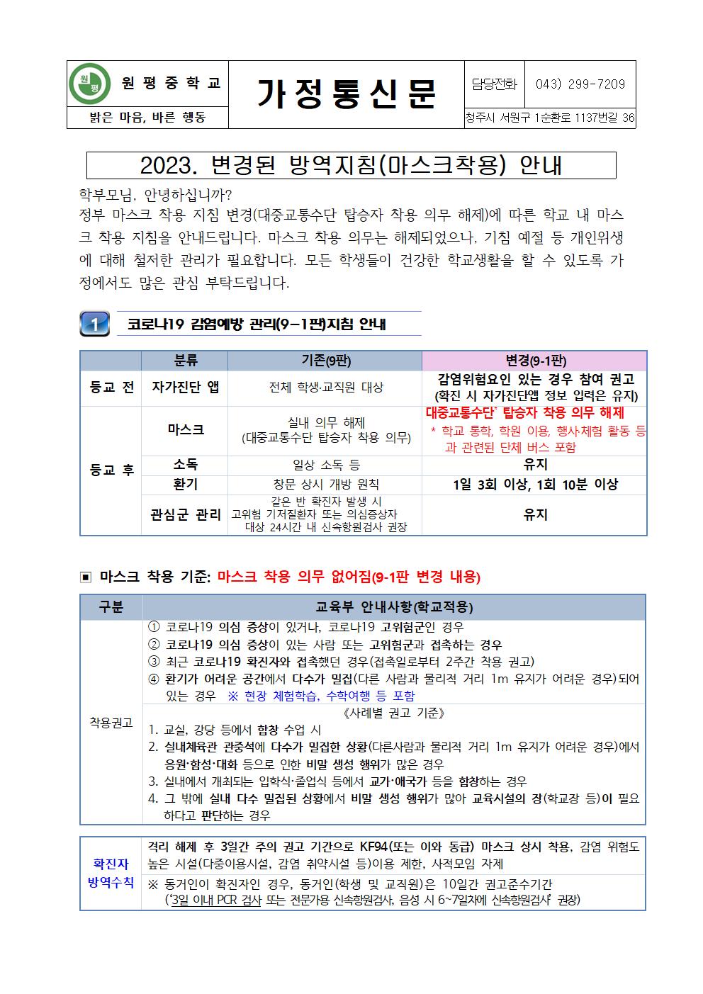 2023. 변경된 방역지침(마스크착용) 안내001