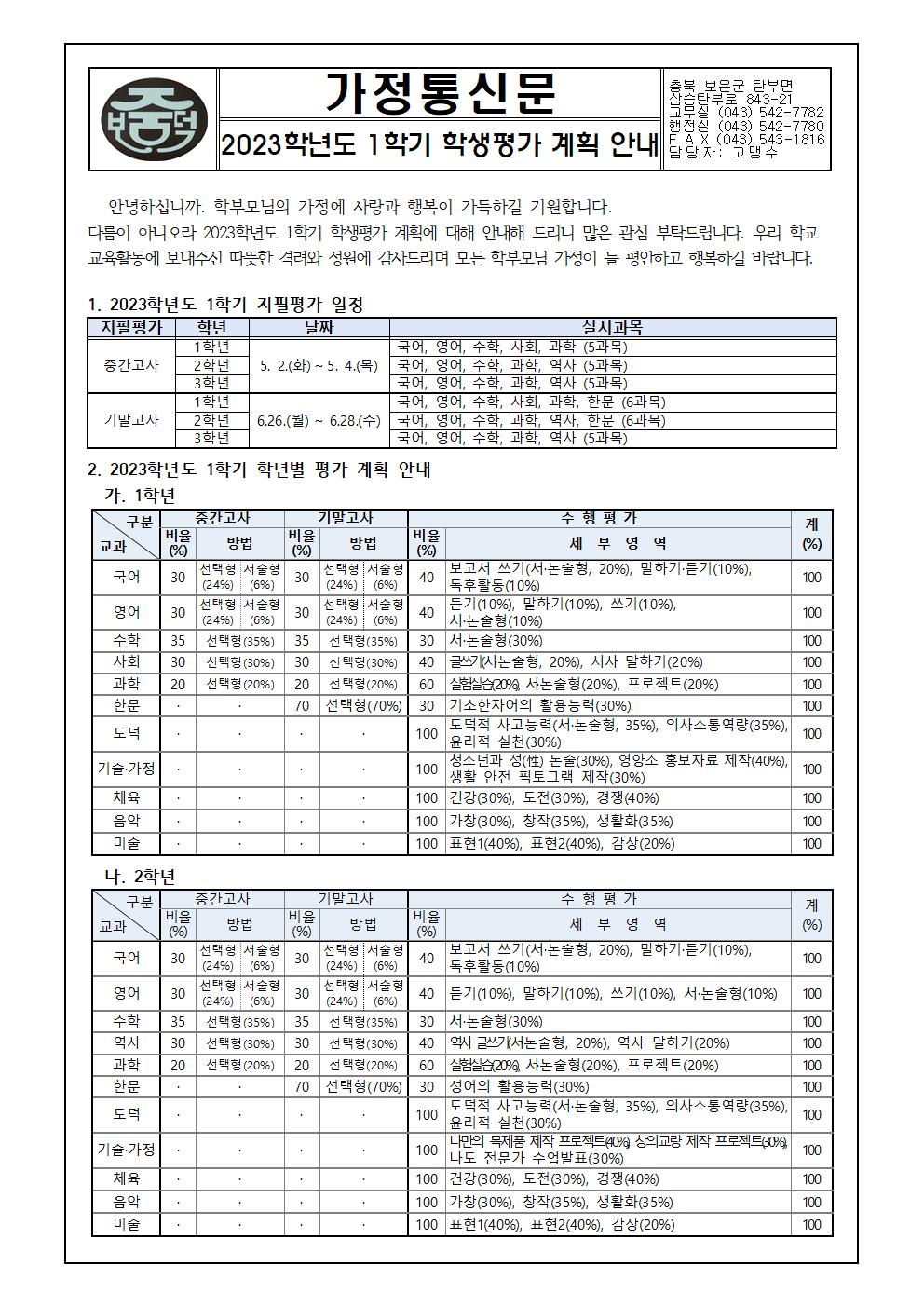 2023. 1학기 학생평가 계획 안내 가정통신문001