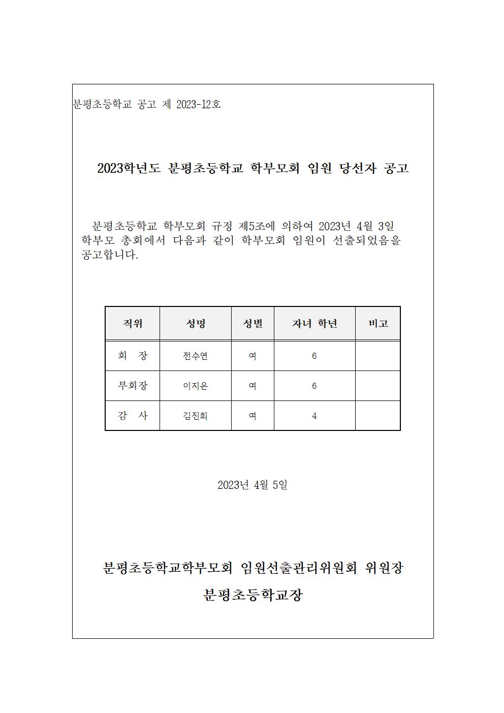 2023학년도 분평초등학교 학부모회 임원 당선자 공고문001