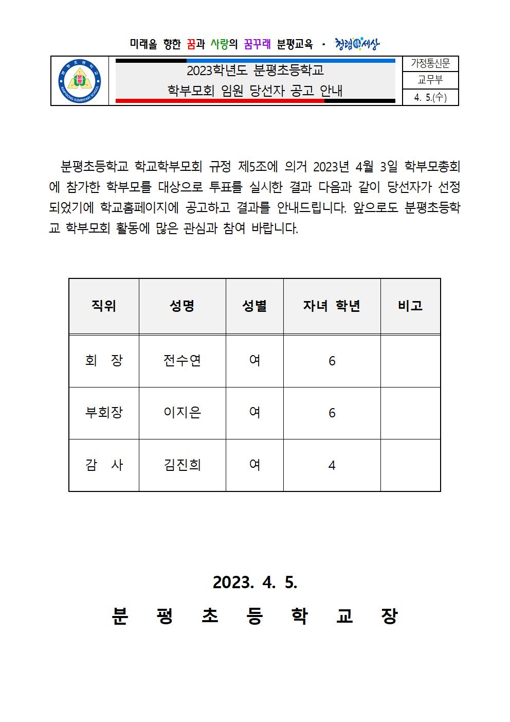 2023학년도 분평초등학교 학부모회 임원 당선자 공고 안내001