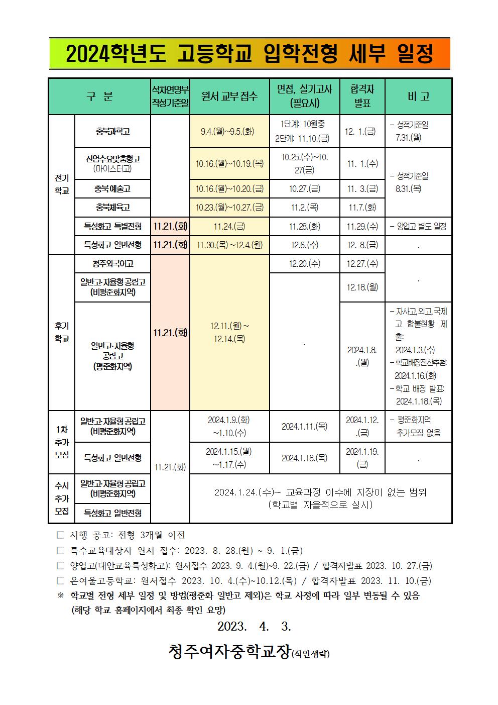 2024학년도 충청북도 고등학교 입학전형 기본 계획 안내(가정통신문)007