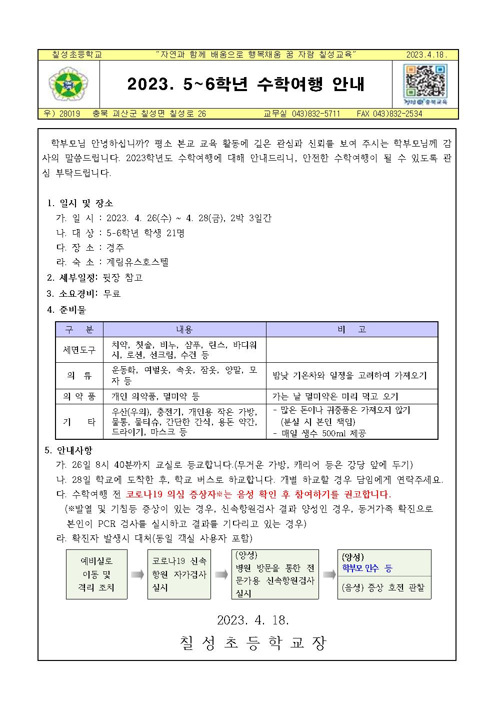 2023. 5~6학년 수학여행 안내 가정통신문001