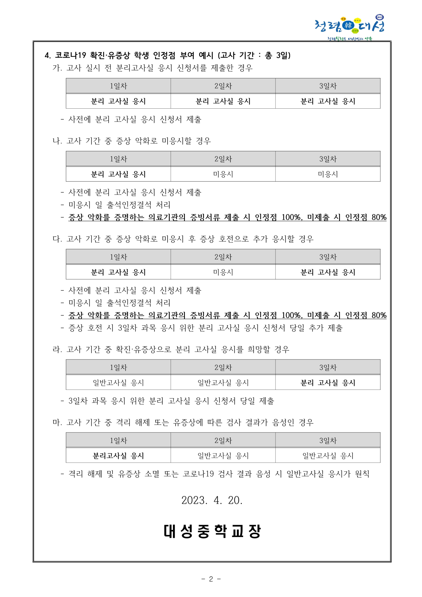 2023학년도 1학기 코로나19 확진·유증상 학생 중간고사 응시 안내 가정통신문_2