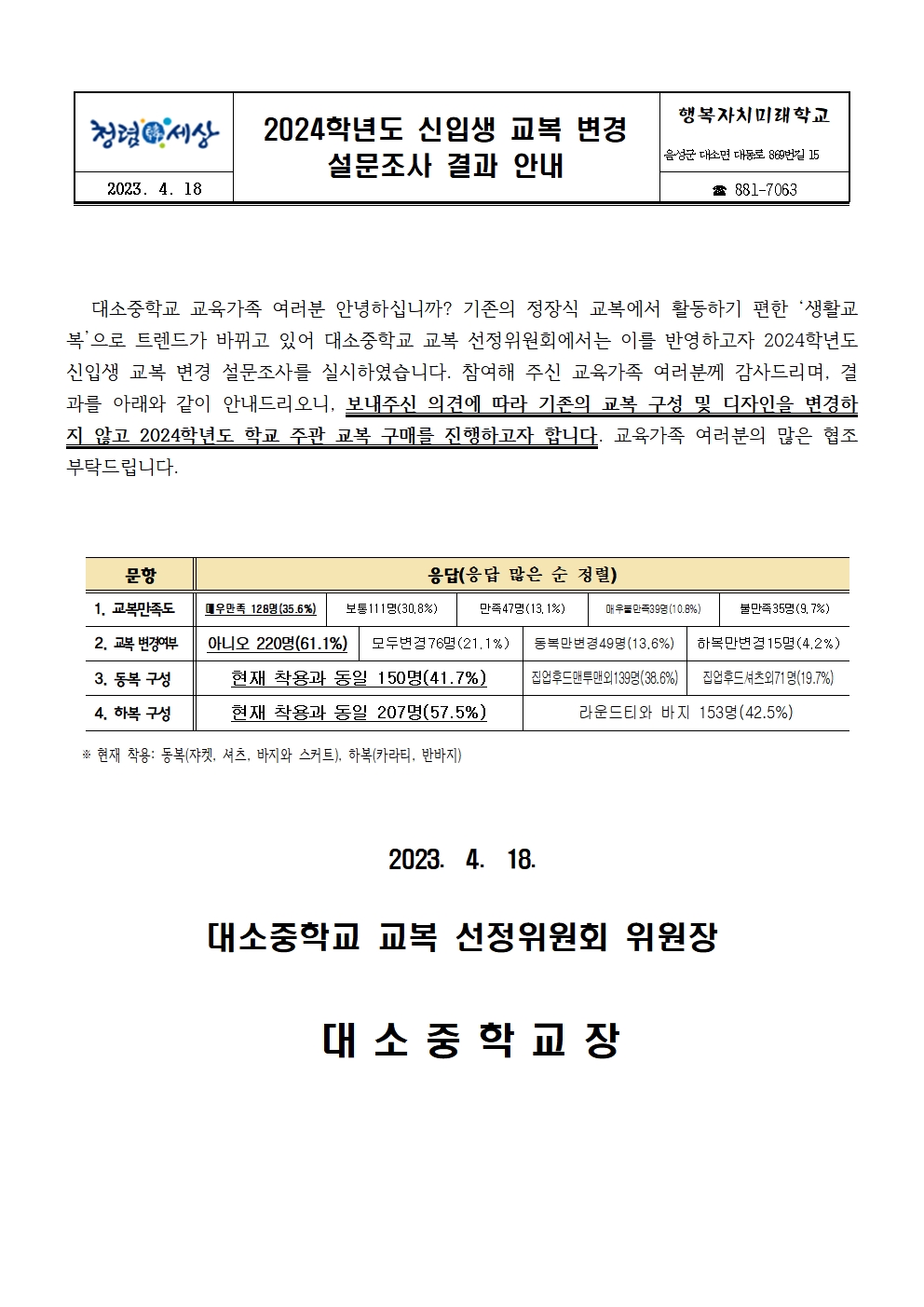 [가정통신문] 2024학년도 신입생 교복 변경 설문조사 결과 안내001