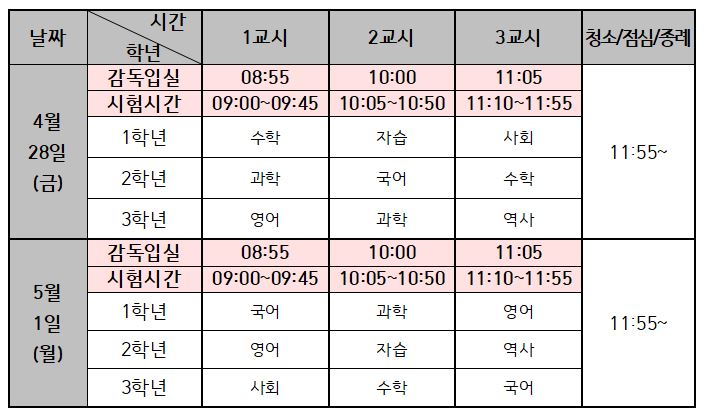 1학기 중간고사 시간표