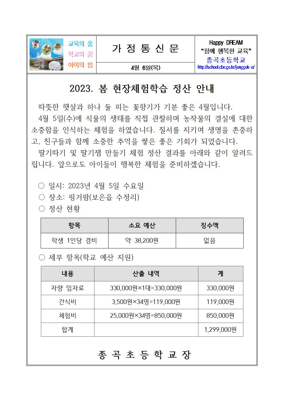 2023. 봄 현장체험학습 정산 안내001