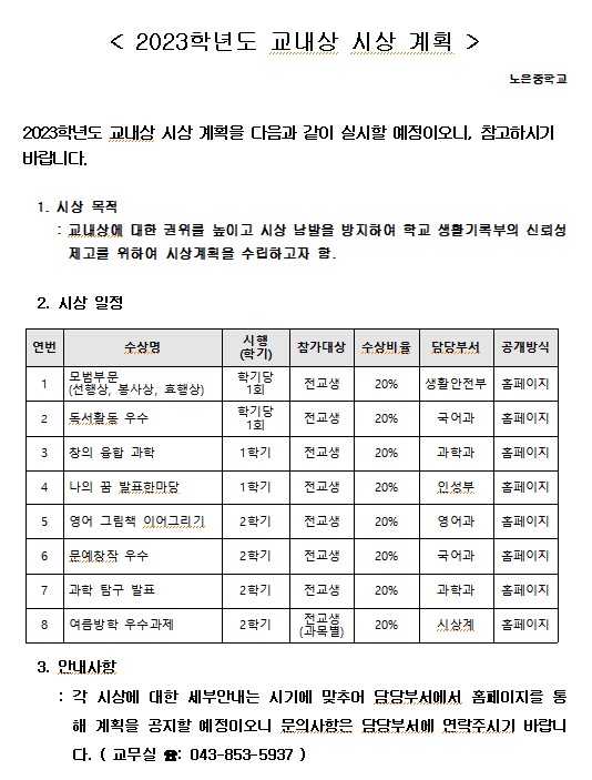 2023학년도 교내상 시상 계획