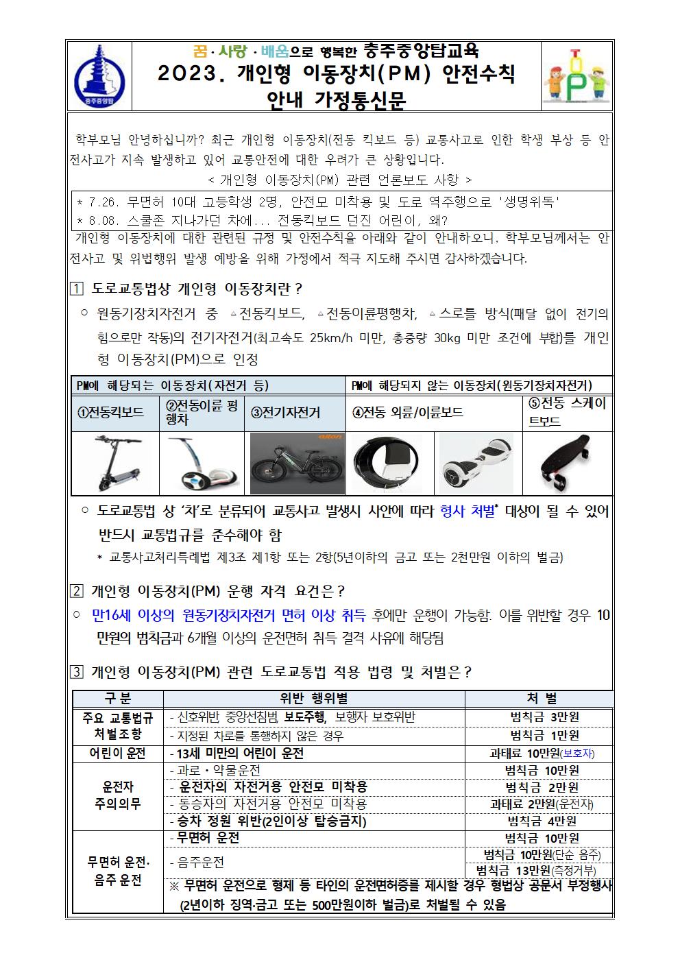 2023. 개인형 이동장치(PM) 안전수칙 안내 가정통신문001