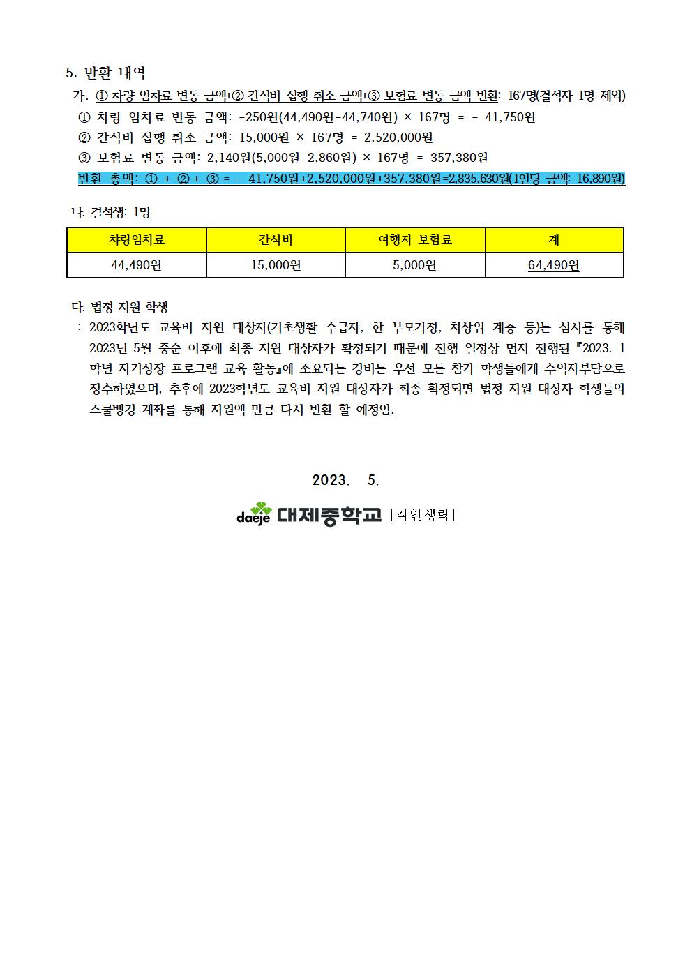 [가정통신문] 2023. 1학년 자기성장 프로그램 교육활동 경비 정산 내역 안내002