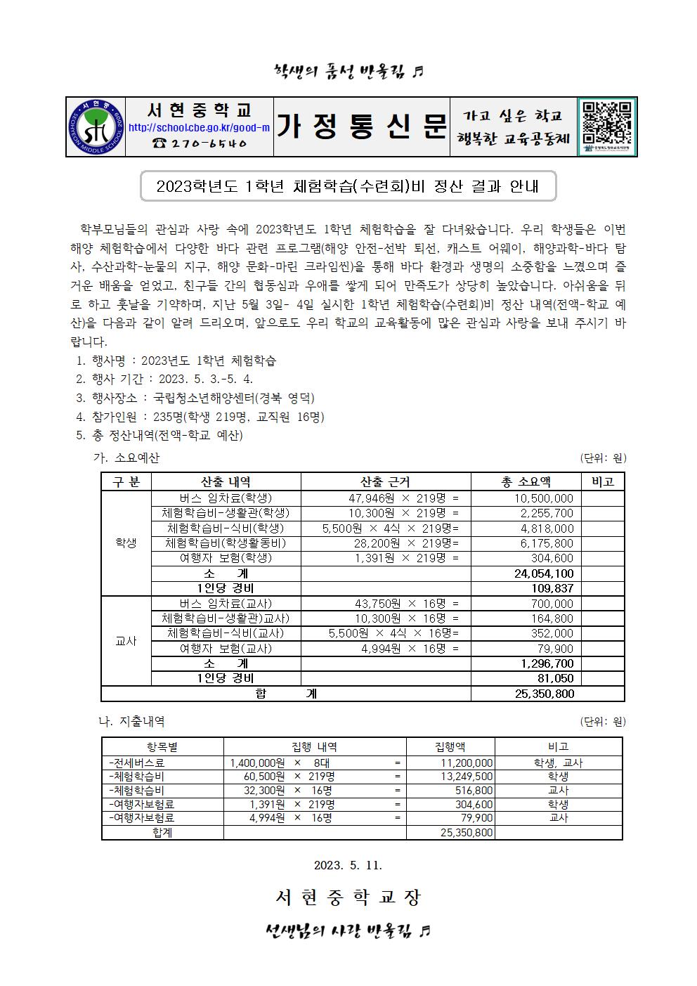 가정통신문(2023. 1학년 체험학습비 정산 결과 안내)001