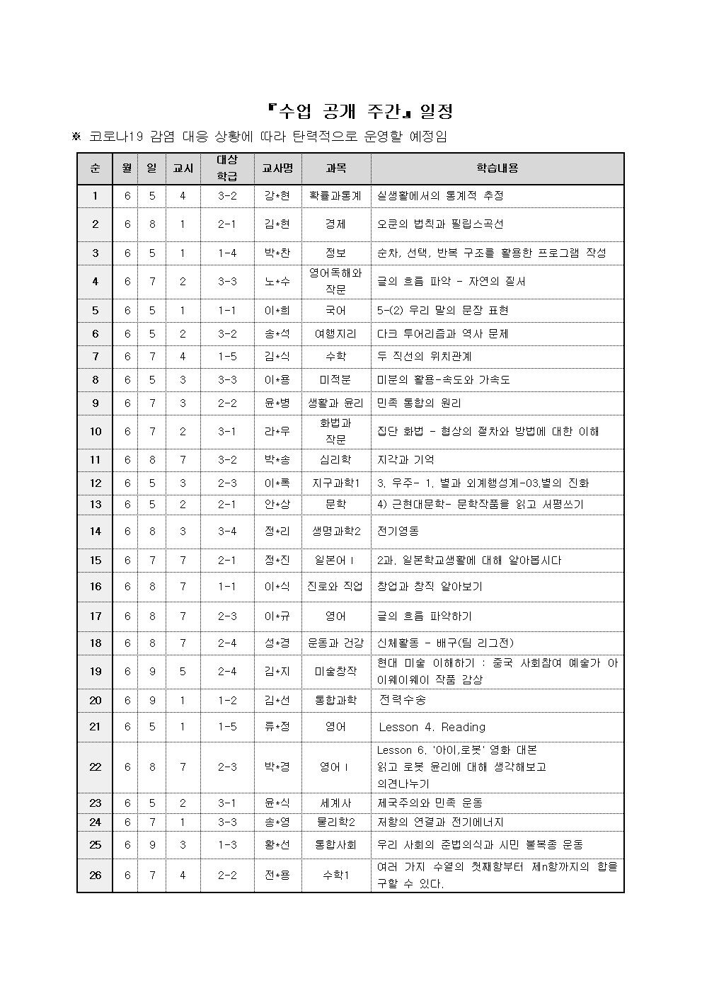 2023. 수업 공개 주간 학부모 수업 참관 희망 조사(가정통신문)002