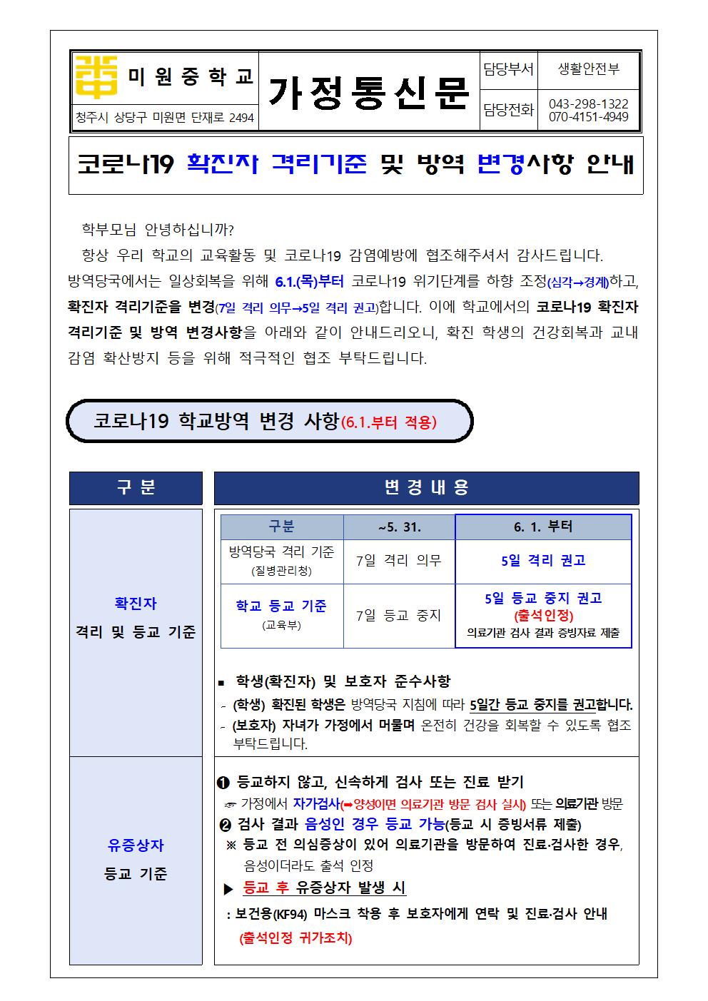 코로나19 확진자 격리 기준 및 방역 변경 사항 안내001