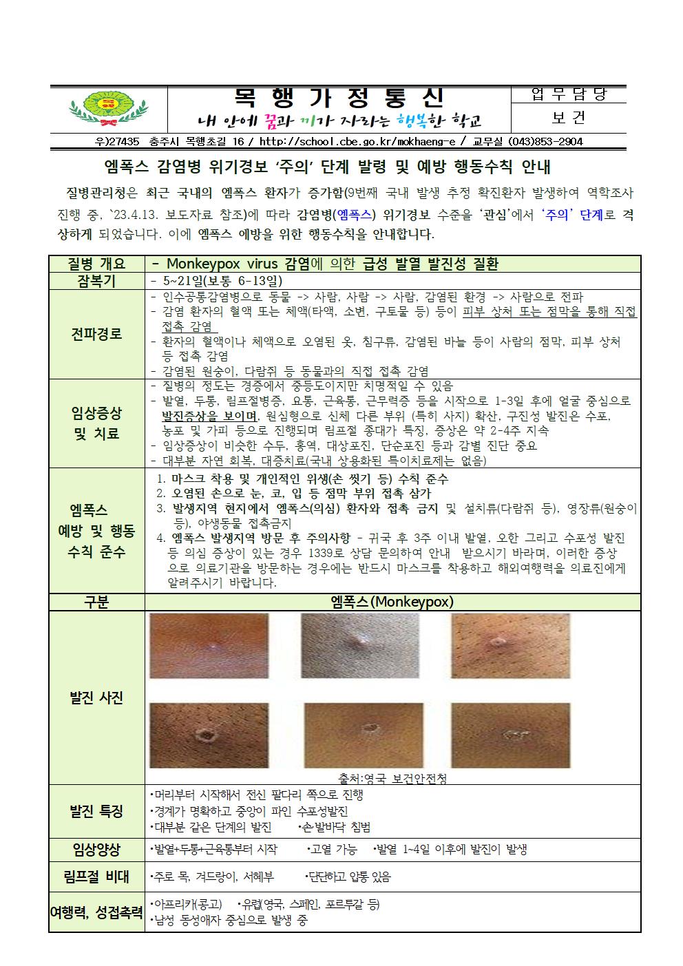 엠폭스 감염병 위기경보 ‘주의 단계’ 격상 발령 및 예방 행동수칙 안내(414)001