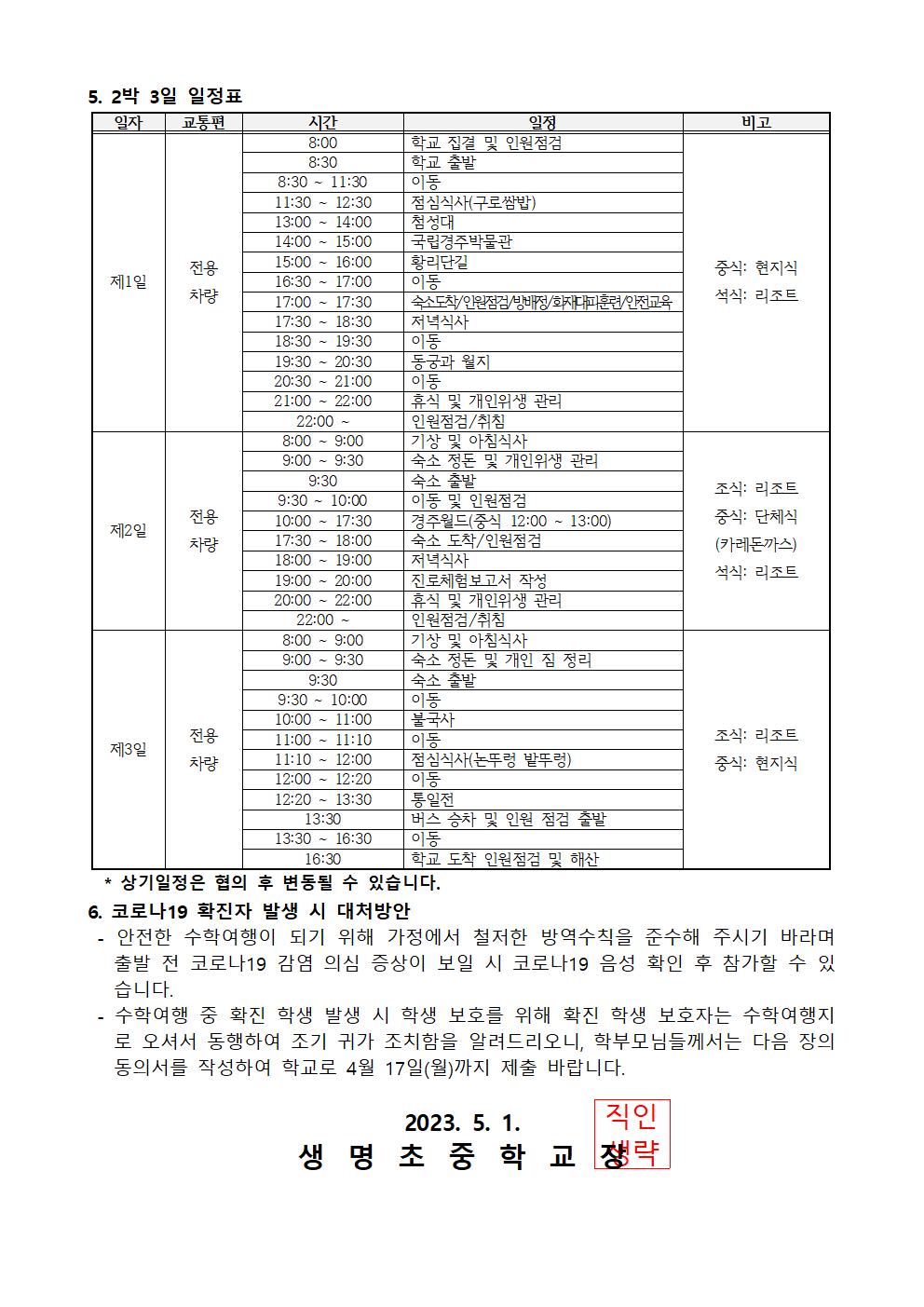 2023. 2학년 수학여행(현장체험학습) 안내002