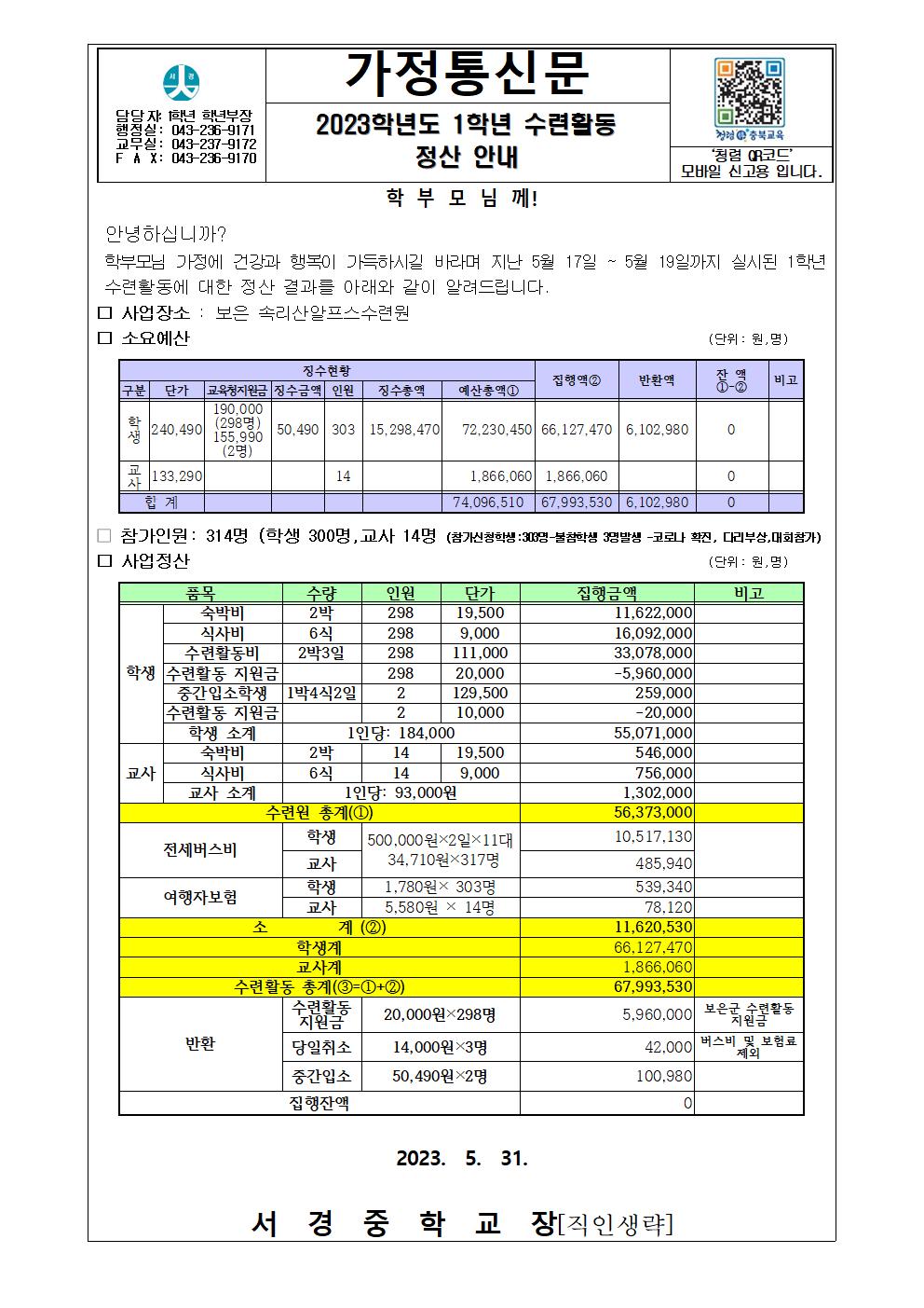 2023학년도 1학년 수련활동 정산 안내 가정통신문001