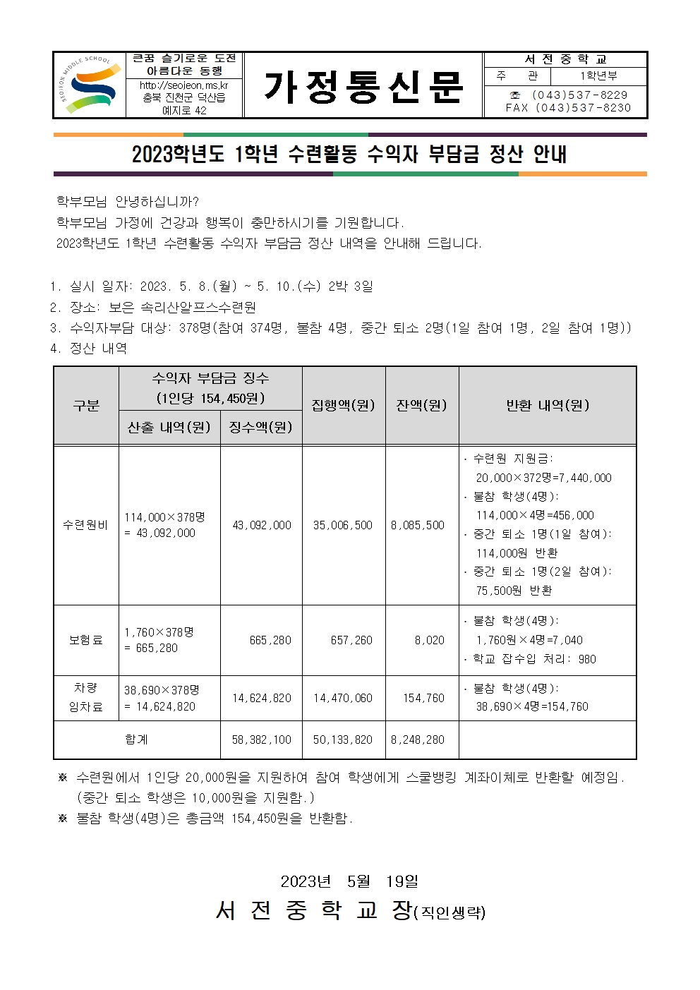 2023. 1학년 수련활동 수익자 부담금 정산 안내 가정통신문001