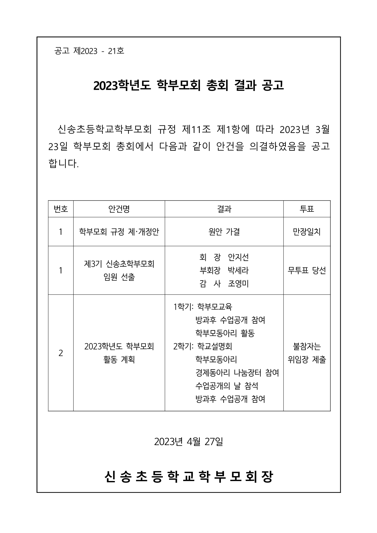 학부모회 총회 결과 공고문